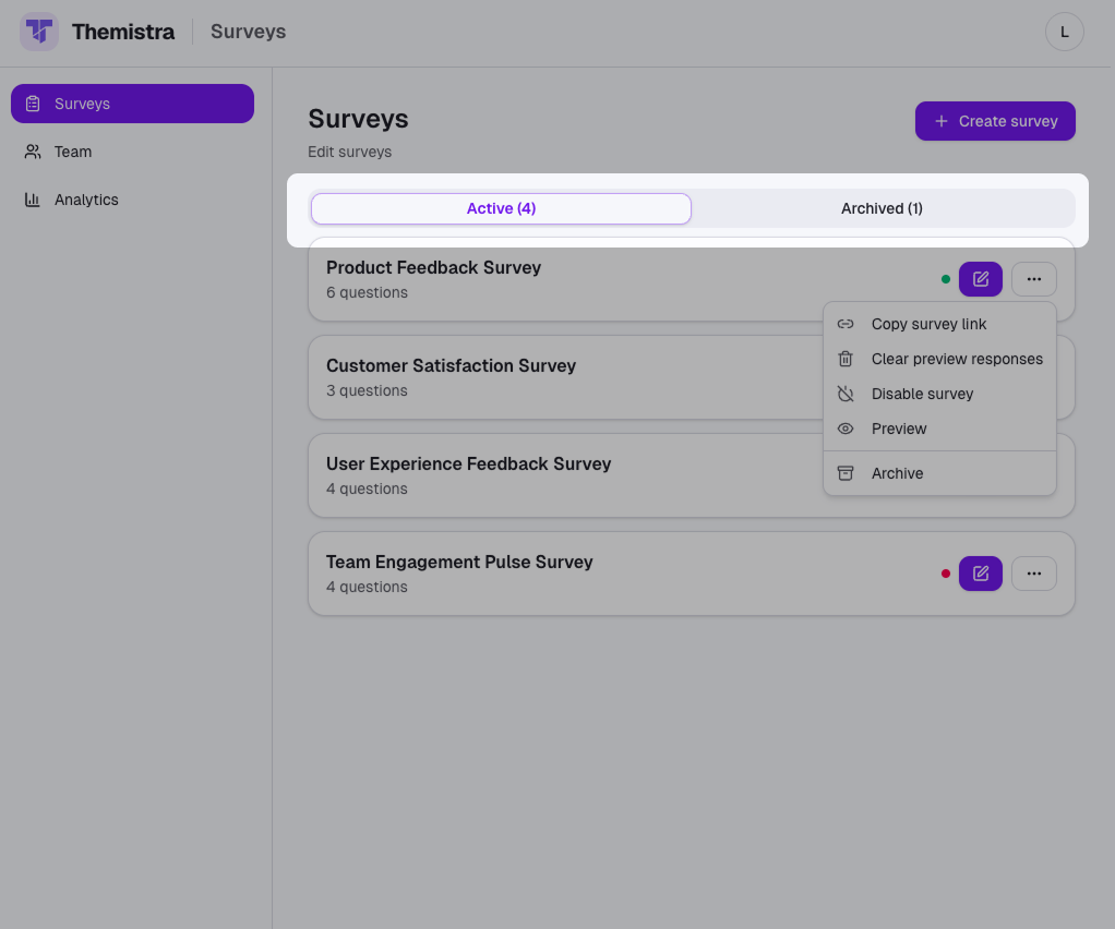 Survey list with a menu option to clear test responses and a preview indicator.